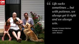 Fernando Martinez (right), his grandmother and niece sit in front of their home two years after the Joplin tornado.