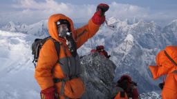 Sandra LeDuc captured this photo of a triumphant and relieved Jon Kedrowski reaching the summit of Mount Everest on May 26, 2012.