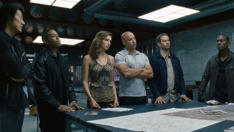Sung Kang (from left), Ludacris, Gal Gadot, Vin Diesel, Paul Walker and Tyrese Gibson in "Fast and Furious 6."