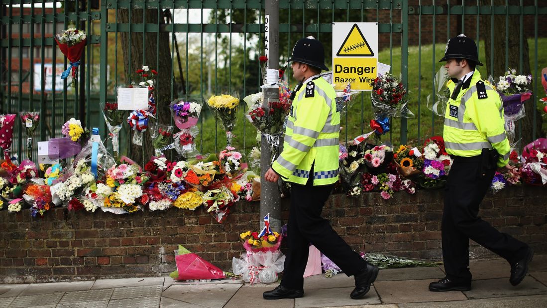 Flowers lay close to the scene where Rigby was killed on May 24, in London.