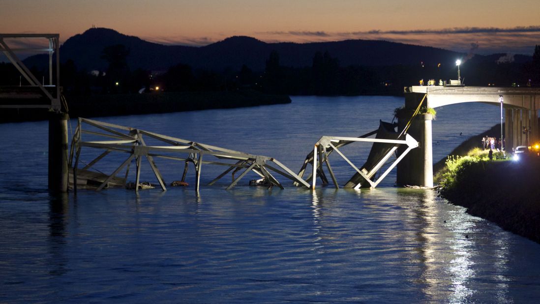 Crews survey the scene of a Skagit River bridge collapse on Interstate 5 near Mt. Vernon, Washington, on Thursday, May 23.