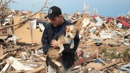 Sean Xuereb recovers a dog from the rubble of a home that was destroyed by the massive tornado that hit Moore, Oklahoma, on Monday, May 20.   A website has been set up to help lost and found pets, and shelters have been set up to help displaced and injured animals. For ways to help, visit CNN.com/impact.