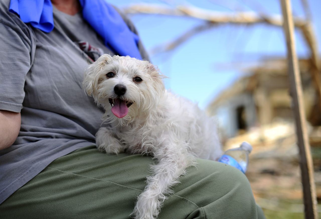 Beberly Berenner holds her family dog Lillie, who was dug out of their tornado-devastated home by a neighbor.