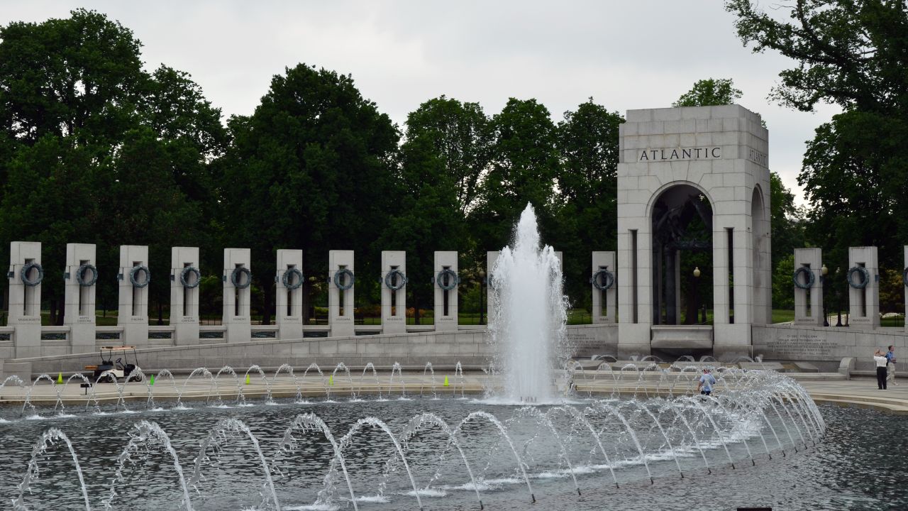 The National World War II Memorial has a prominent position on the Mall.