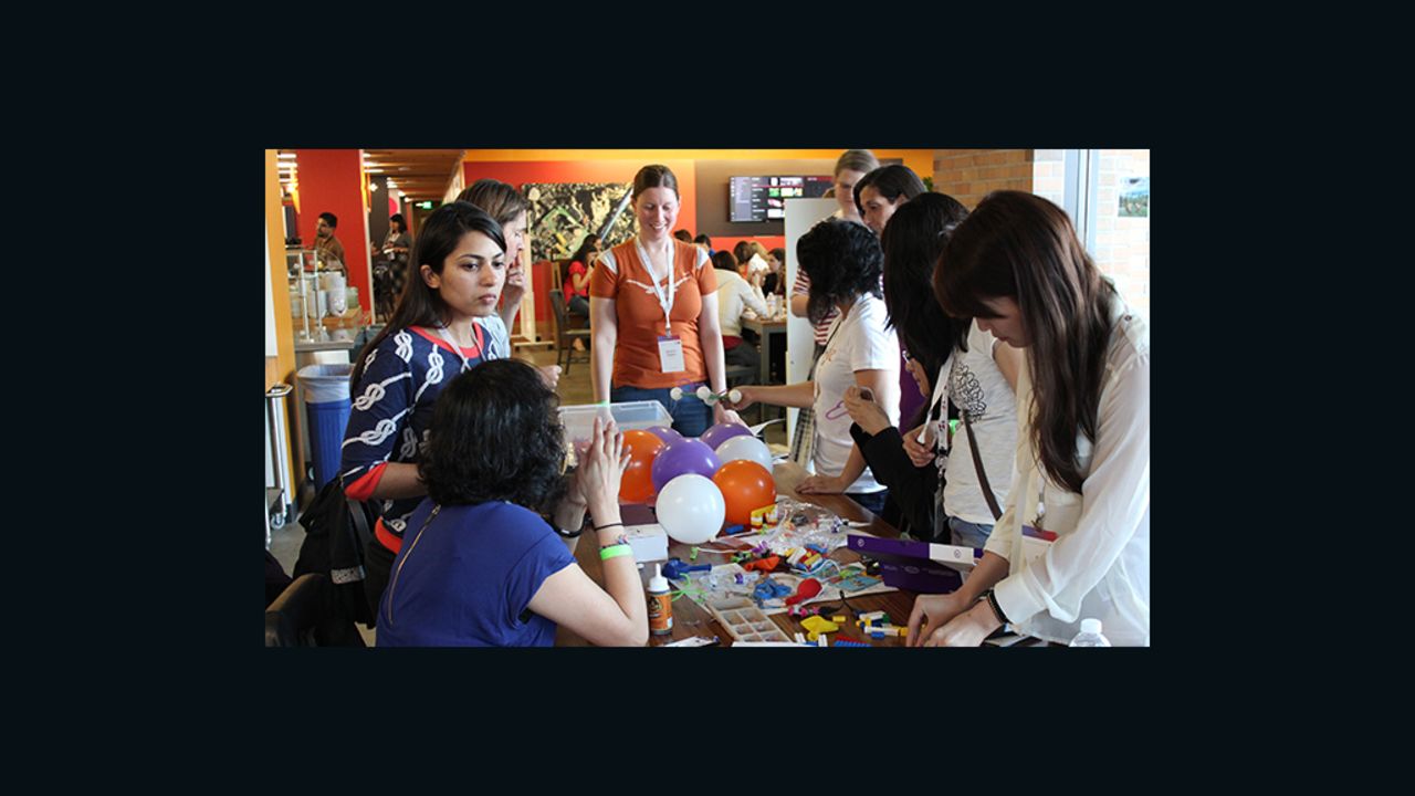 Women developers team up at Google San Francisco to build projects using littleBits electronic modules and other supplies. 
