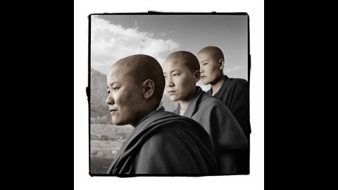 <strong>Kalsang, 25; Ngawang, 22; Dechen, 21 (Dolma Ling Nunnery, India)</strong><br />When photographed, these nuns had just arrived at Dolma Ling after fleeing Tibet. In 1992, they were arrested, beaten, shocked with electric cattle prods and imprisoned for placing posters that protested the Chinese occupation of Tibet, Borges said. Several times during their conversation, Dechen broke into tears and quietly excused herself before continuing her story.