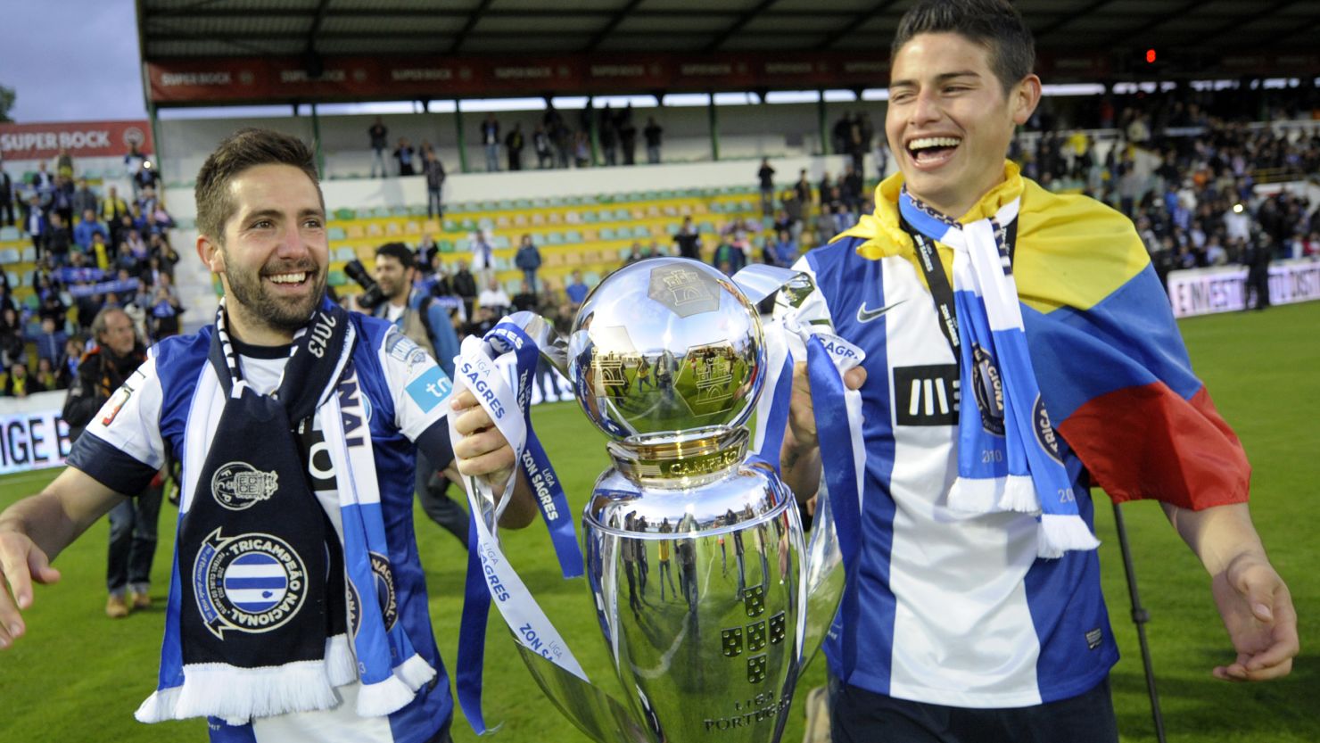 Joao Moutinho (left) and James Rodriguez hold the Portuguese league title after Porto's 2013 triumph.