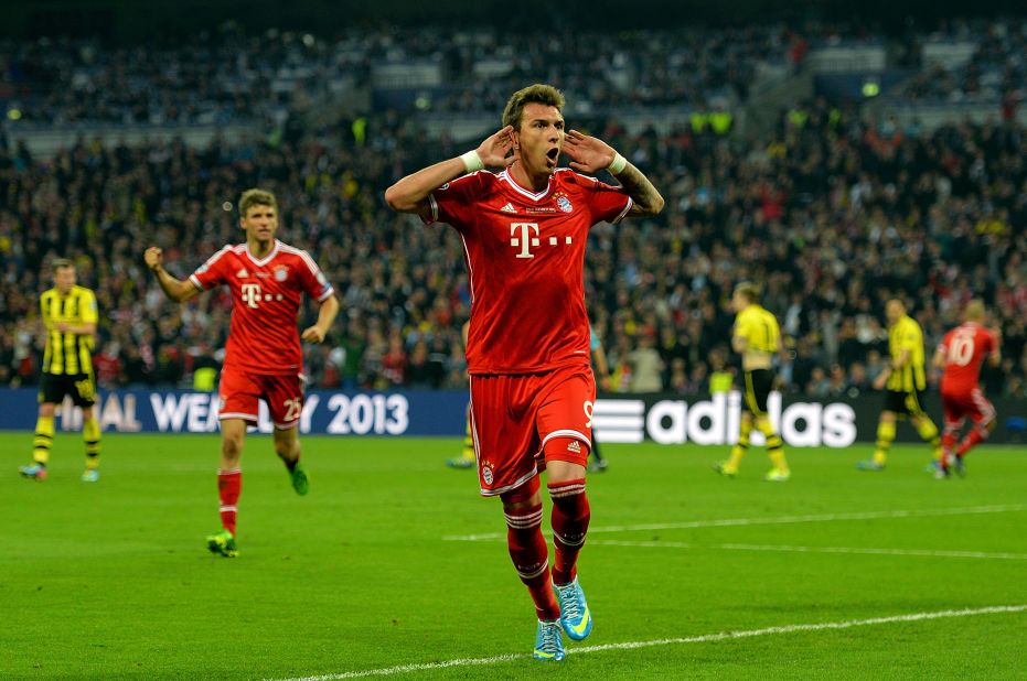 Mario Mandzukic of Bayern Munich celebrates after scoring a goal against Borussia Dortmund during the UEFA Champions League final at Wembley Stadium in London on May 25.