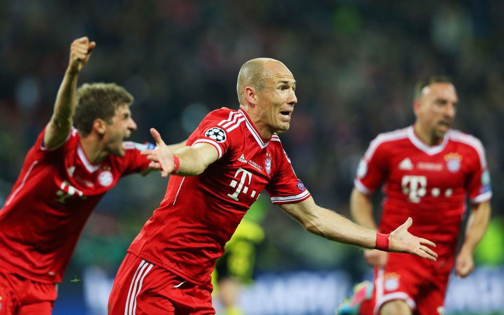 Arjen Robben of Bayern Munich celebrates after scoring the winning goal against Borussia Dortmund during the UEFA Champions League final at Wembley Stadium in London on Saturday, May 25. Bayern defeated Dortmund 2-1.