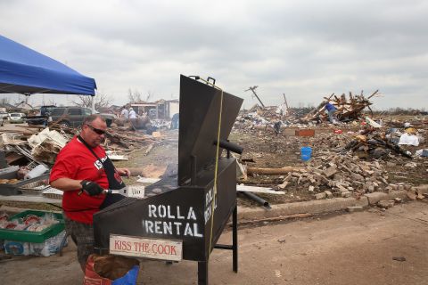 Eddie Jones of the Christian Life Center in Rolla, Missouri, cooks for residents and volunteers helping with tornado relief on May 25 in Moore.