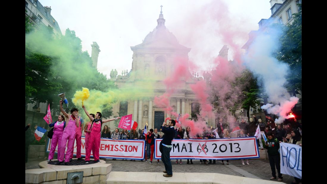 Members of groups opposing same-sex marriage gather on Thursday, May 16, in front of the Sorbonne in Paris.