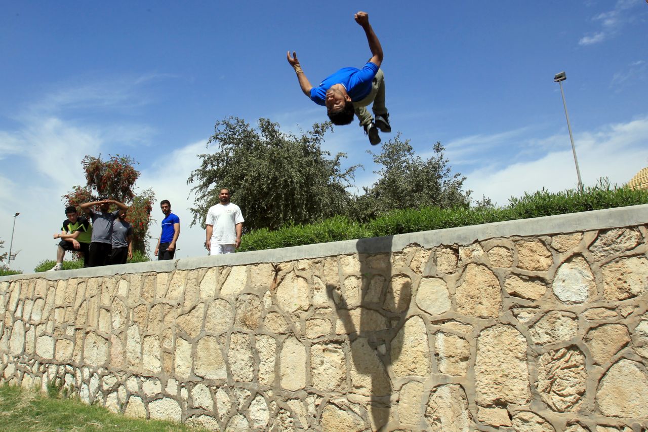 Baghdad's parkour team practice in Zawra park in the city's center. "We are a small group of young people and there are no parkour classes," says Prince Haydar. 