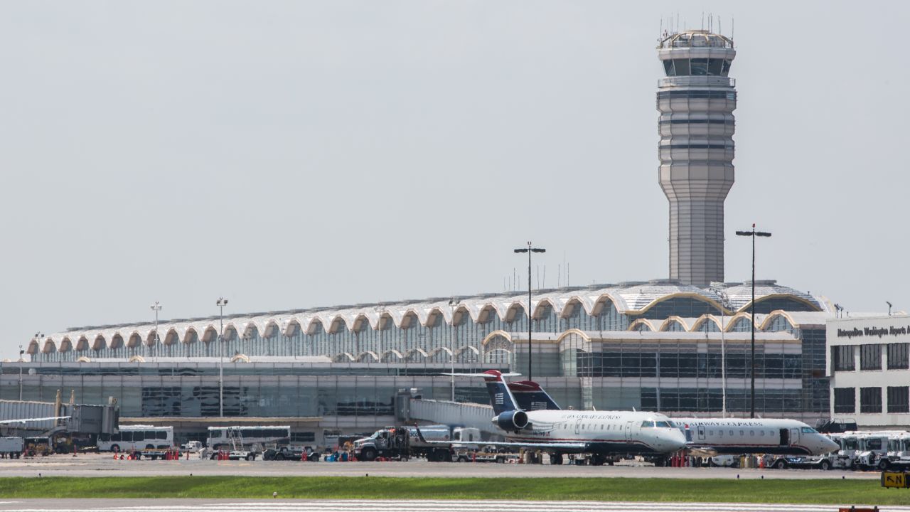This August 2, 2012, file photo shows the control tower at Ronald Reagan Washington National Airport in Arlington, Virginia.