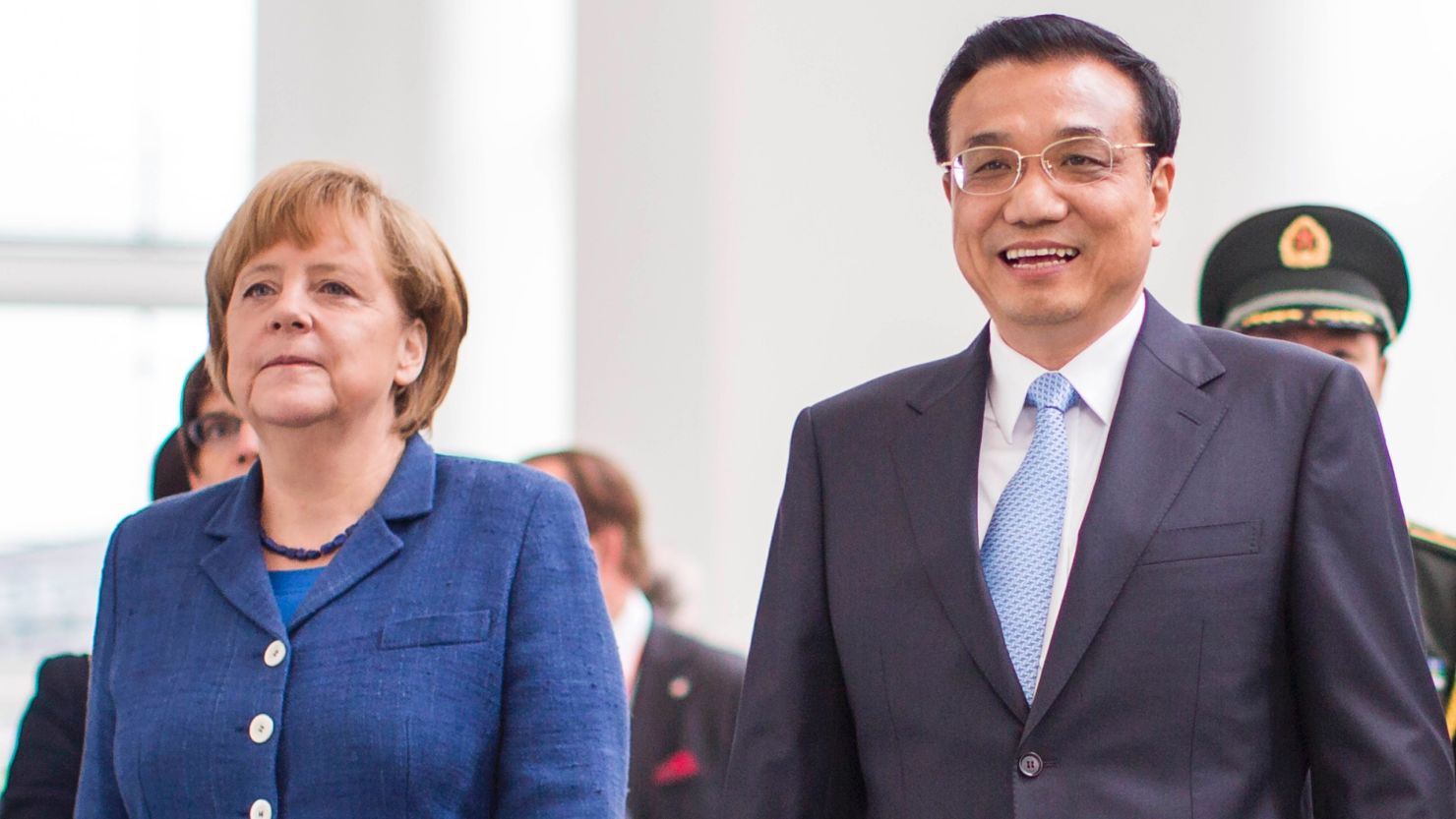German Chancellor Angela Merkel meets Chinese Prime Minister Li Keqiang  during his first official visit to Germany.