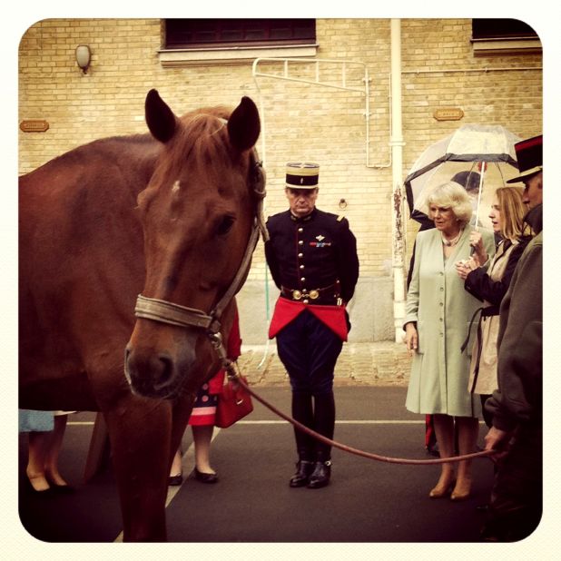Camilla greets a member of la Garde républicaine.