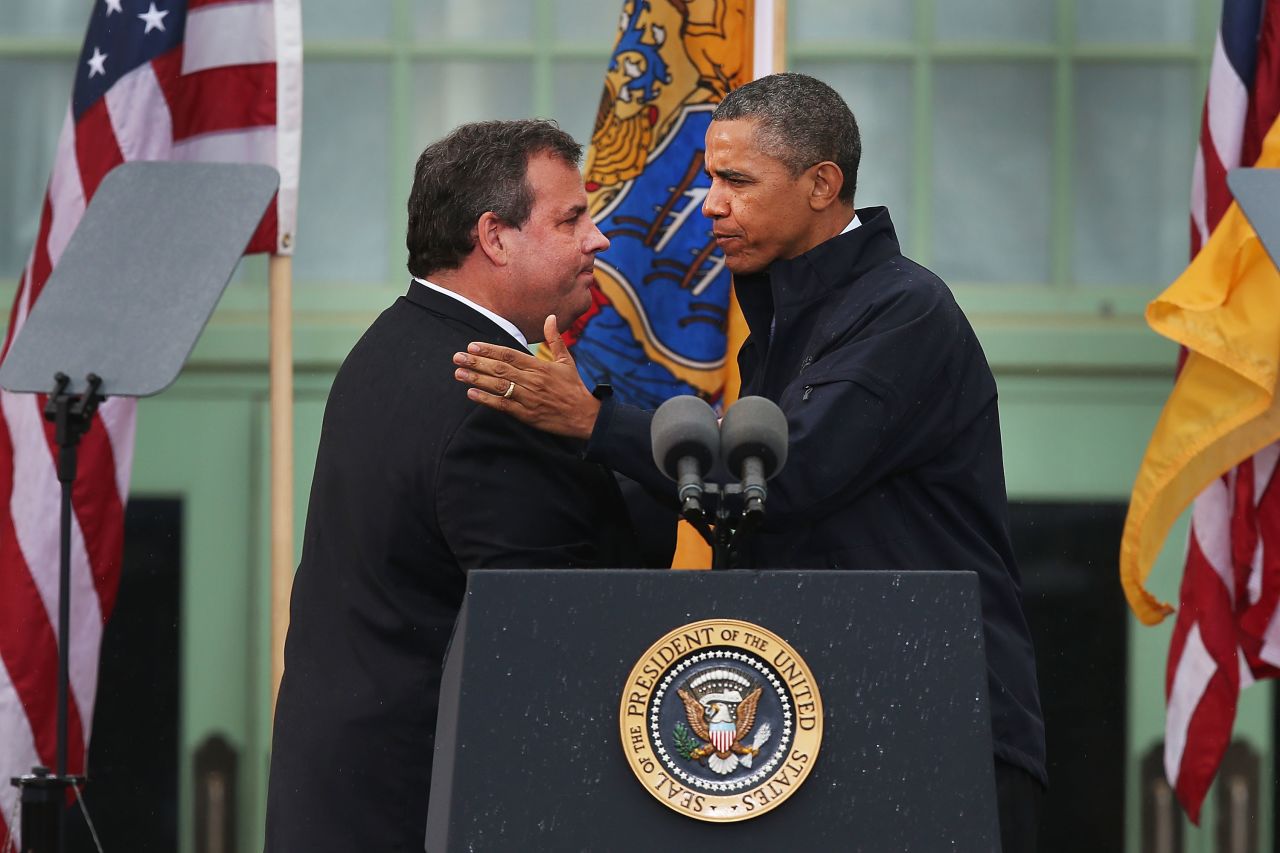 President Barack Obama greets New Jersey Gov. Chris Christie in Asbury Park, New Jersey, on Tuesday, May 28. "Down the shore, everything's all right," Obama declared on his return to the New Jersey coast seven months after Superstorm Sandy caused billions of dollars in damage there. View photos of the <a href="http://www.cnn.com/2013/05/27/us/gallery/jersey-shore-reopen/index.html">Jersey Shore reopening this weekend</a> and <a href="http://www.cnn.com/2012/10/31/us/gallery/obama-new-jersey/index.html">Obama's visit to New Jersey in October</a>.