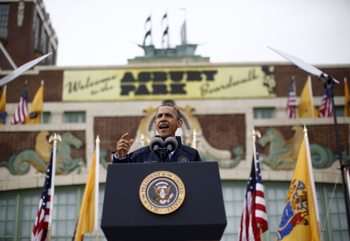 Obama addresses the crowd in Asbury Park on May 28. "After all you've dealt with, after all you've been through, the Jersey Shore is back," the president said to cheers.
