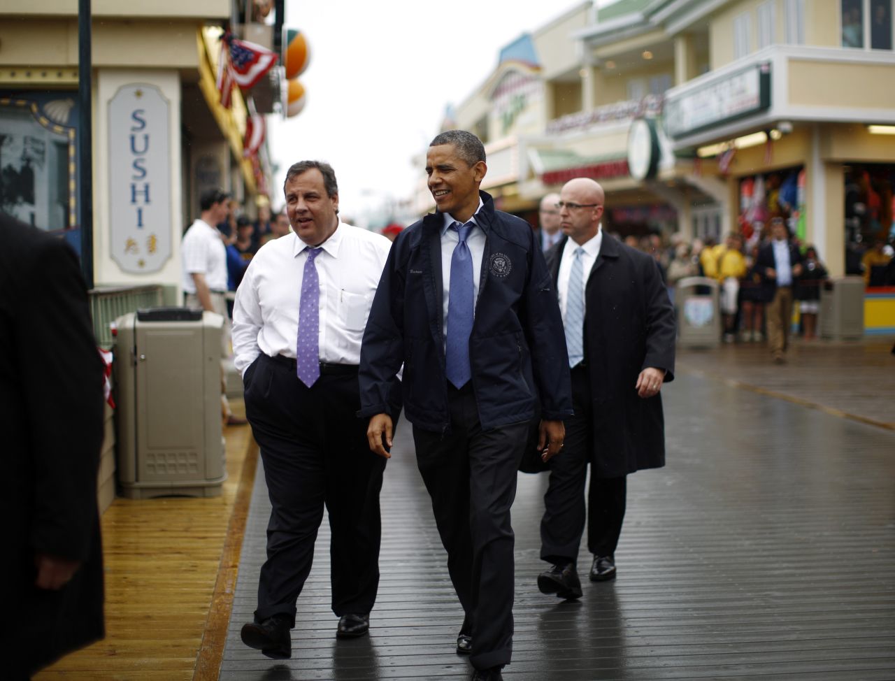 Christie and Obama walk on the boardwalk at Point Pleasant in New Jersey on May 28.