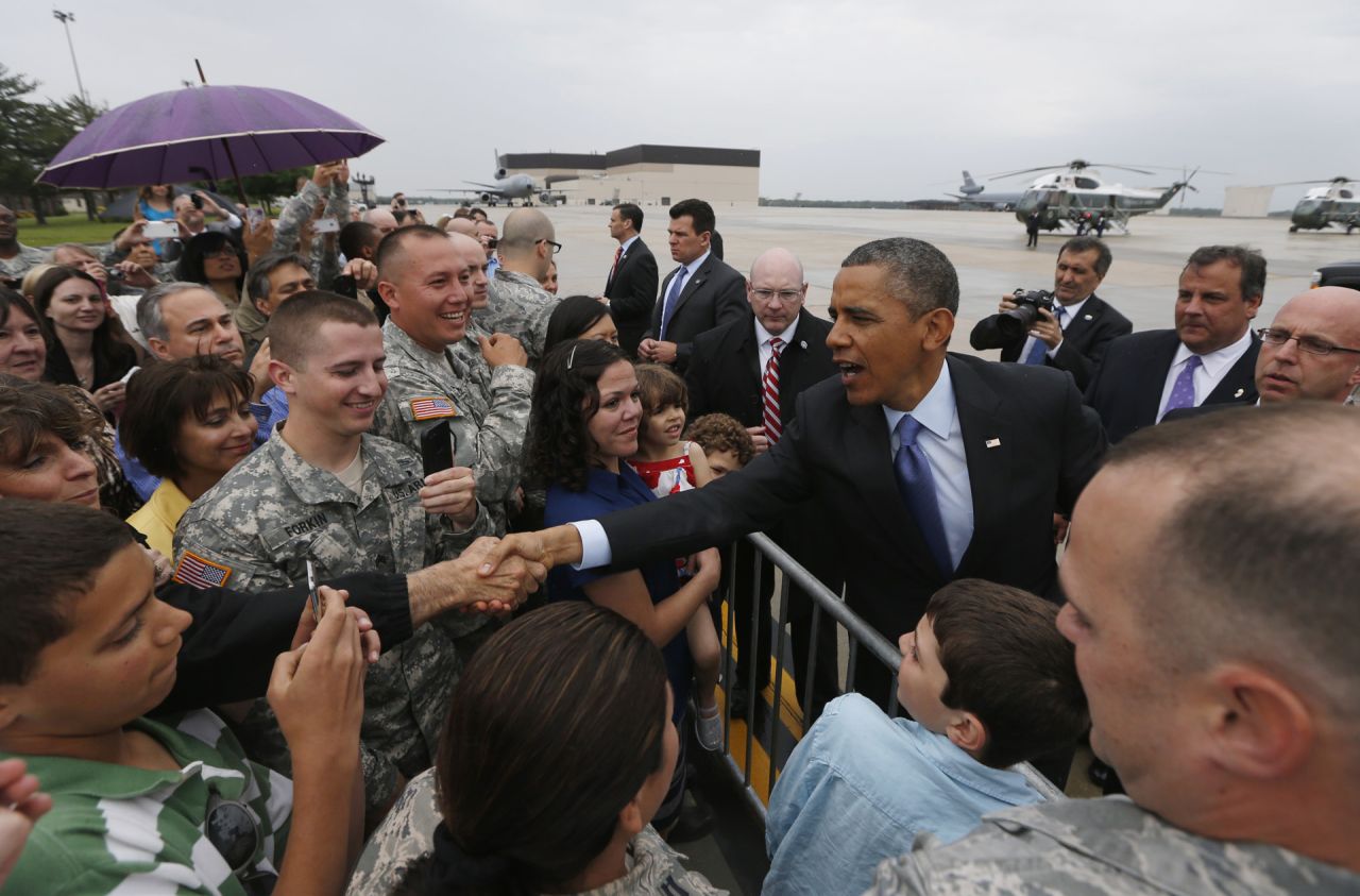 Obama greets the crowd upon his arrival at McGuire Air Force Base in New Jersey on May 28.