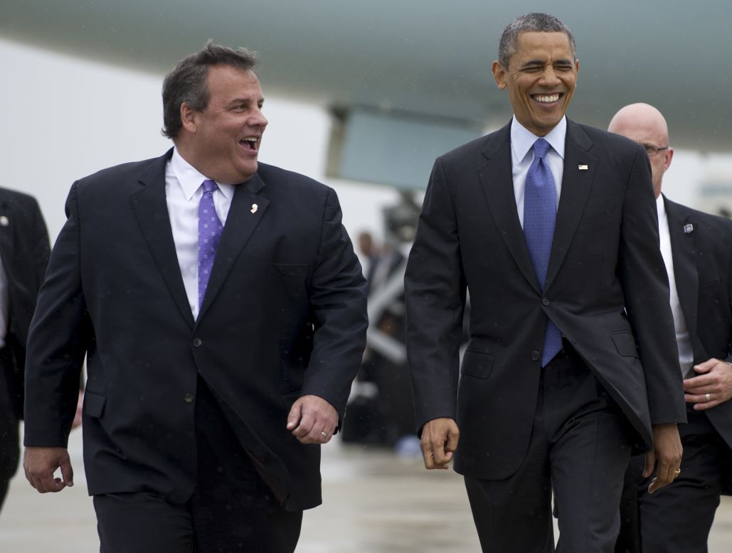 Christie greets Obama on May 28 after Air Force One landed at McGuire Air Force Base.
