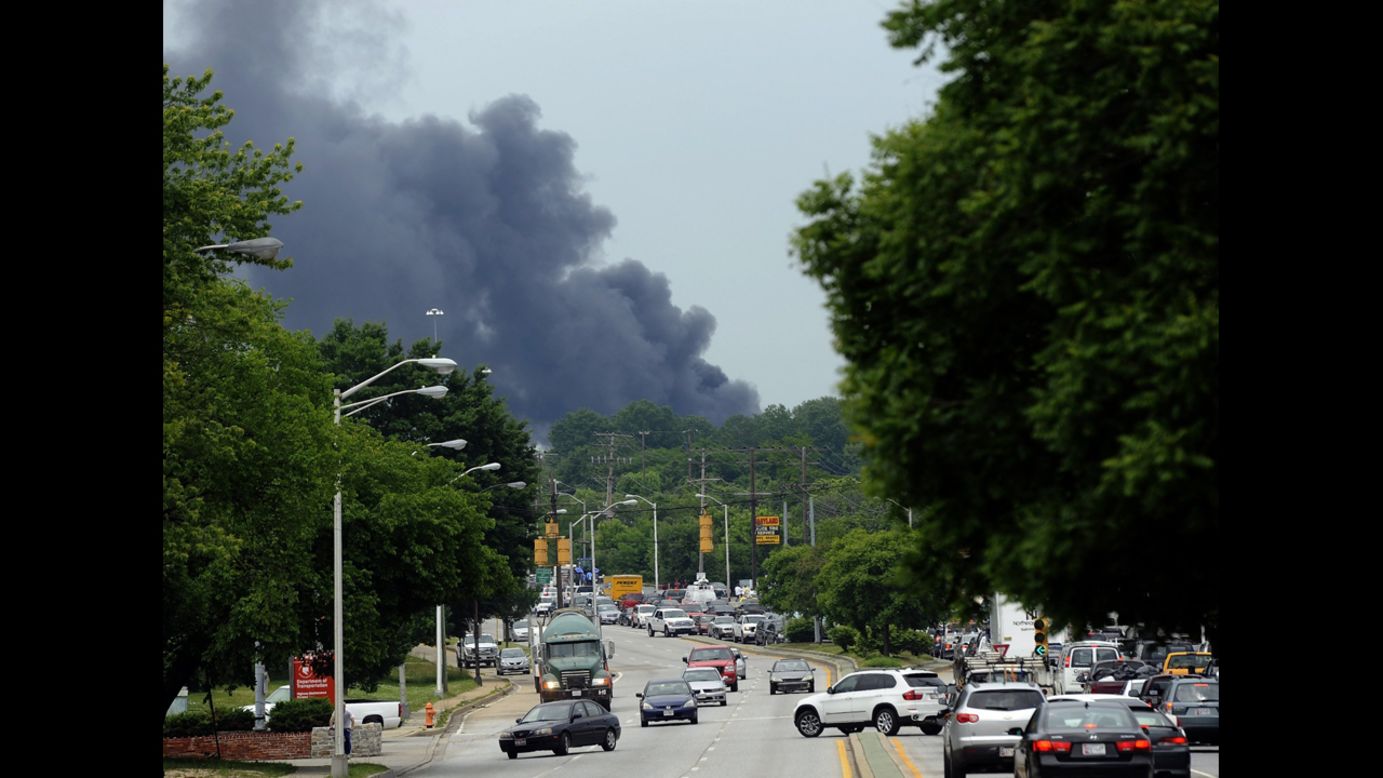 Smoke from the explosion fills the sky in Rosedale, just east of Baltimore.