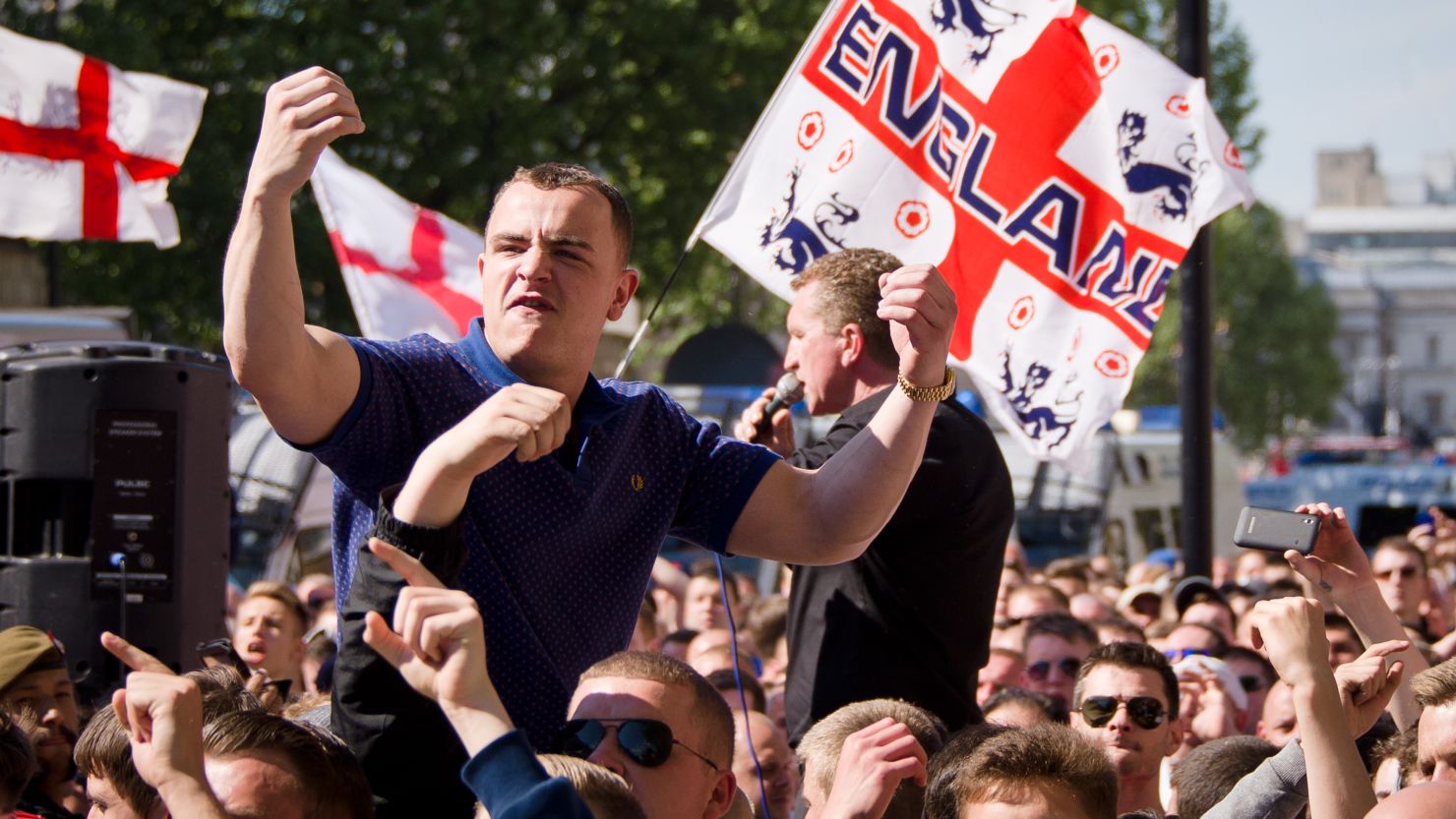 A supporter of the far-right English Defence League gestures at an anti-Muslim rally on May 27 after a British soldier was killed.