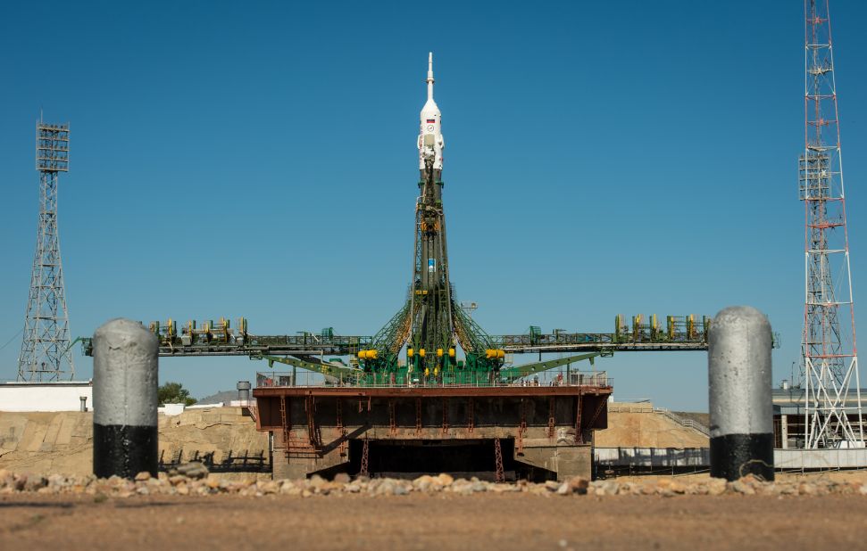 The Soyuz TMA-09M spacecraft stands on the launchpad on Sunday, May 26.