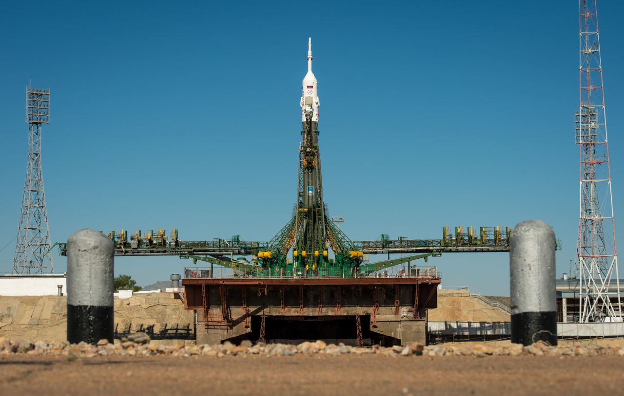 The Soyuz TMA-09M spacecraft stands on the launchpad on Sunday, May 26.