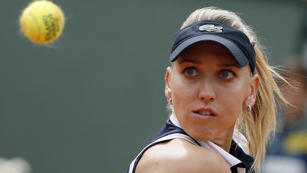 Russia's Elena Vesnina keeps track of the ball during her match against Belarus' Victoria Azarenka on May 29. Azarenka beat Vesnina 6-1, 6-4.