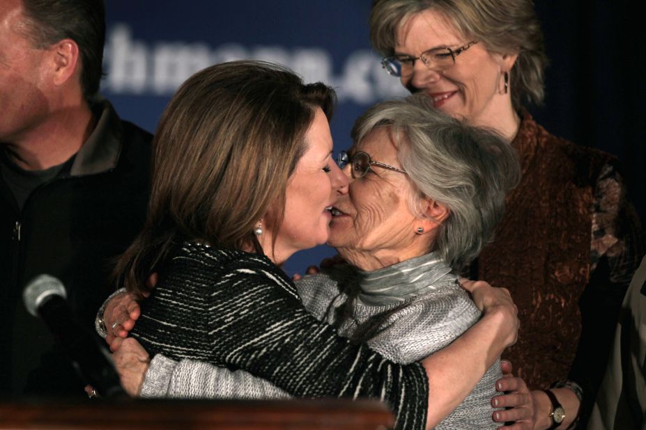 Bachmann embraces her mother, Arlene Jean, after announcing at a January 2012 news conference in West Des Moines, Iowa, that she was ending her presidential campaign. Bachmann finished sixth in the Iowa caucuses.