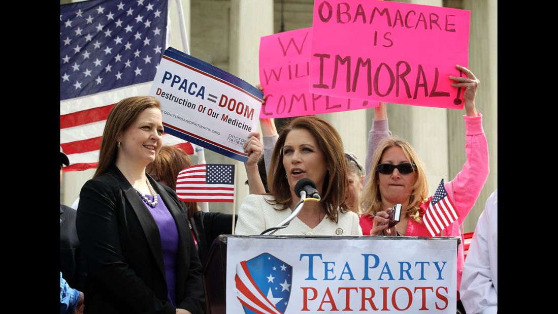 Bachmann addresses a rally with Tea Party Patriots national coordinator Jenny Beth Martin, left, in front of the U.S. Supreme Court in March 2012. The high court was hearing oral arguments on the constitutionality of the Patient Protection and Affordable Care Act, or Obamacare, which Bachmann has fiercely opposed.