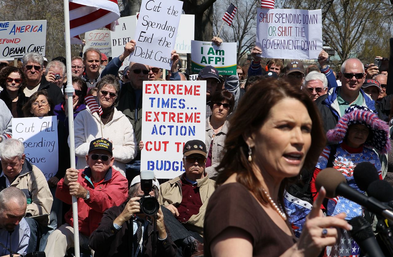 Bachmann addresses an April 2011 rally on Capitol Hill in support of spending cuts.