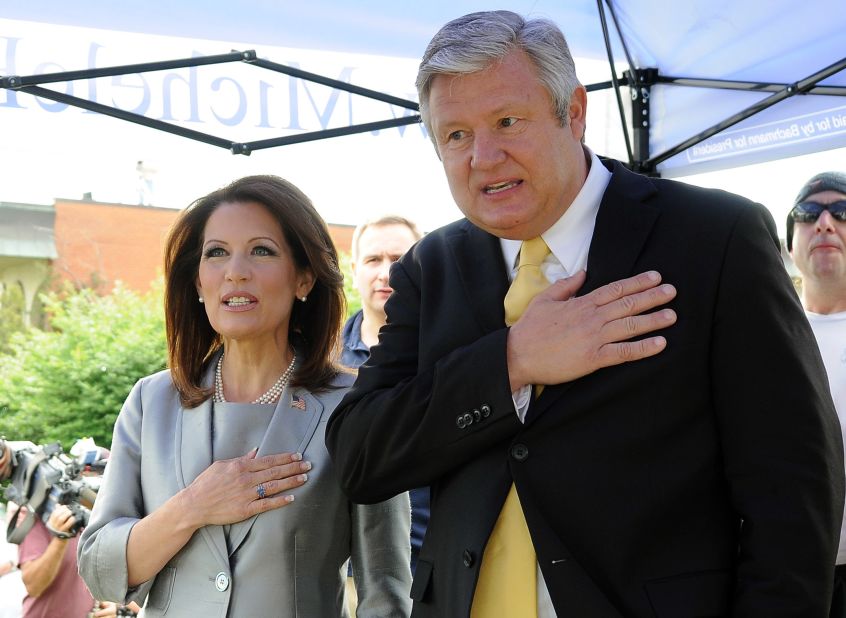 Bachmann and her husband, Marcus, recite the Pledge of Allegiance before she announced her candidacy for the 2012 Republican presidential nomination in Waterloo, Iowa, in June 2011. The congresswoman was born in Iowa.