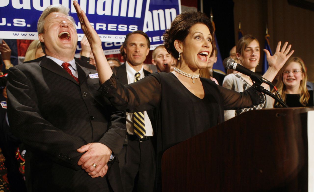 Bachmann, with her husband Marcus, left, at her side, declares victory in Minnesota's 6th Congressional District race in November 2006 in Bloomington, Minnesota. The congresswoman is now serving her fourth term.