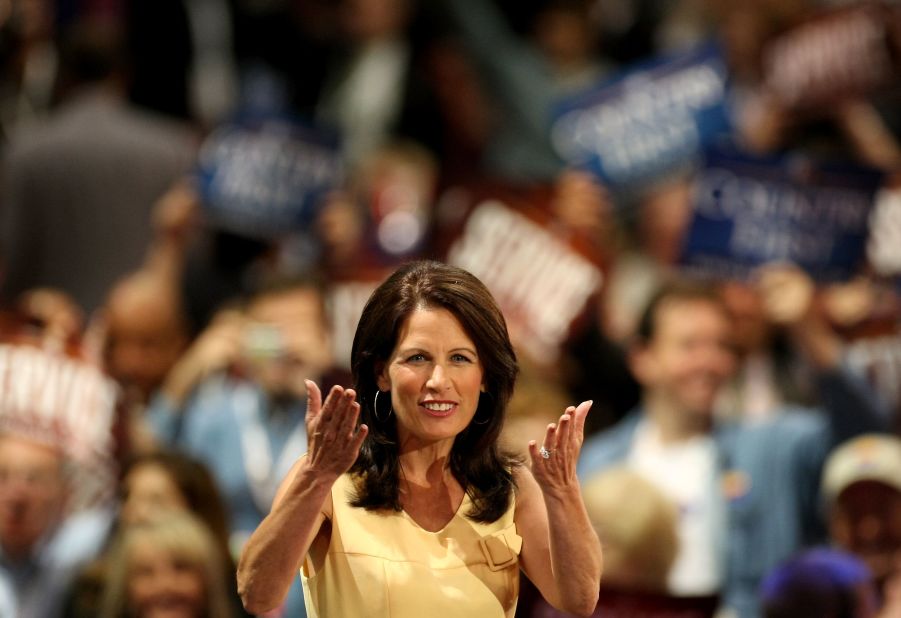 Bachmann reacts to the crowd at the Republican National Convention in September 2008 in St. Paul, Minnesota. 