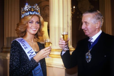 Gabriella Brum resigned within a day of winning the Miss World crown in 1980, saying her boyfriend was unhappy that they'd be separated by her beauty queen duties. She had entered the pageant as Miss Germany. Pictured, the 18-year-old enjoys a champagne breakfast at the Mansion House with the Lord Mayor of London Sir Ronald Gardner-Thorp. 