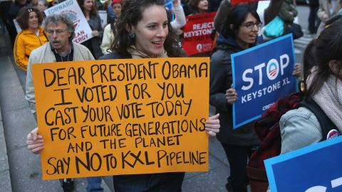 Environmentalists in New York protest the Keystone pipeline to coincide with a visit by President Obama on May 13. 