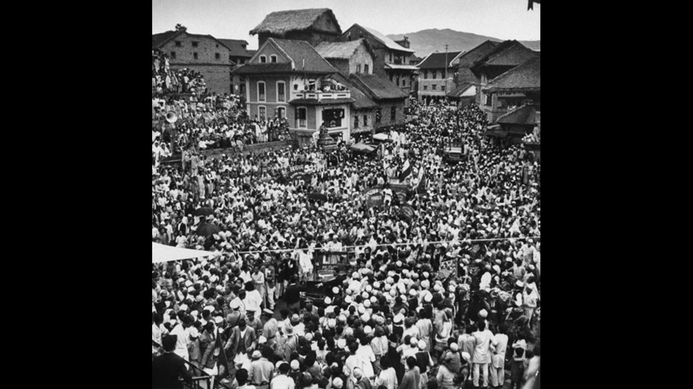 Tenzing, Hunt and Hillary are welcomed in Bhandgaon, Nepal.