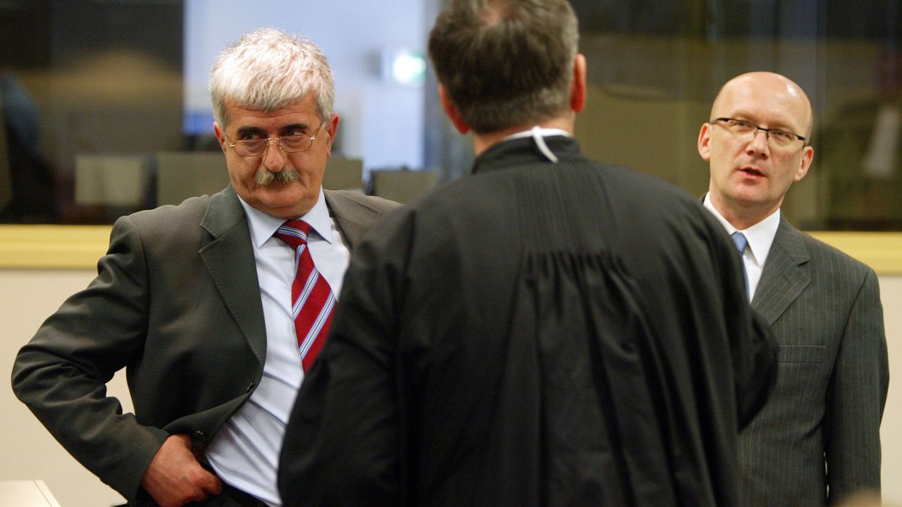 (File) Bruno Stojic, left, and Jadranko Prlic appear at the War Crimes Tribunal in The Hague, Netherlands, in 2004.