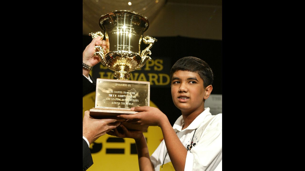 Pratyush Buddiga won in 2002 with the word "prospicience," which is the act of looking forward or having foresight. 