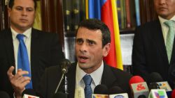 Venezuela's opposition leader Henrique Capriles talks during a joint press conference at the Colombian Congress in Bogota on May 29, 2013. 