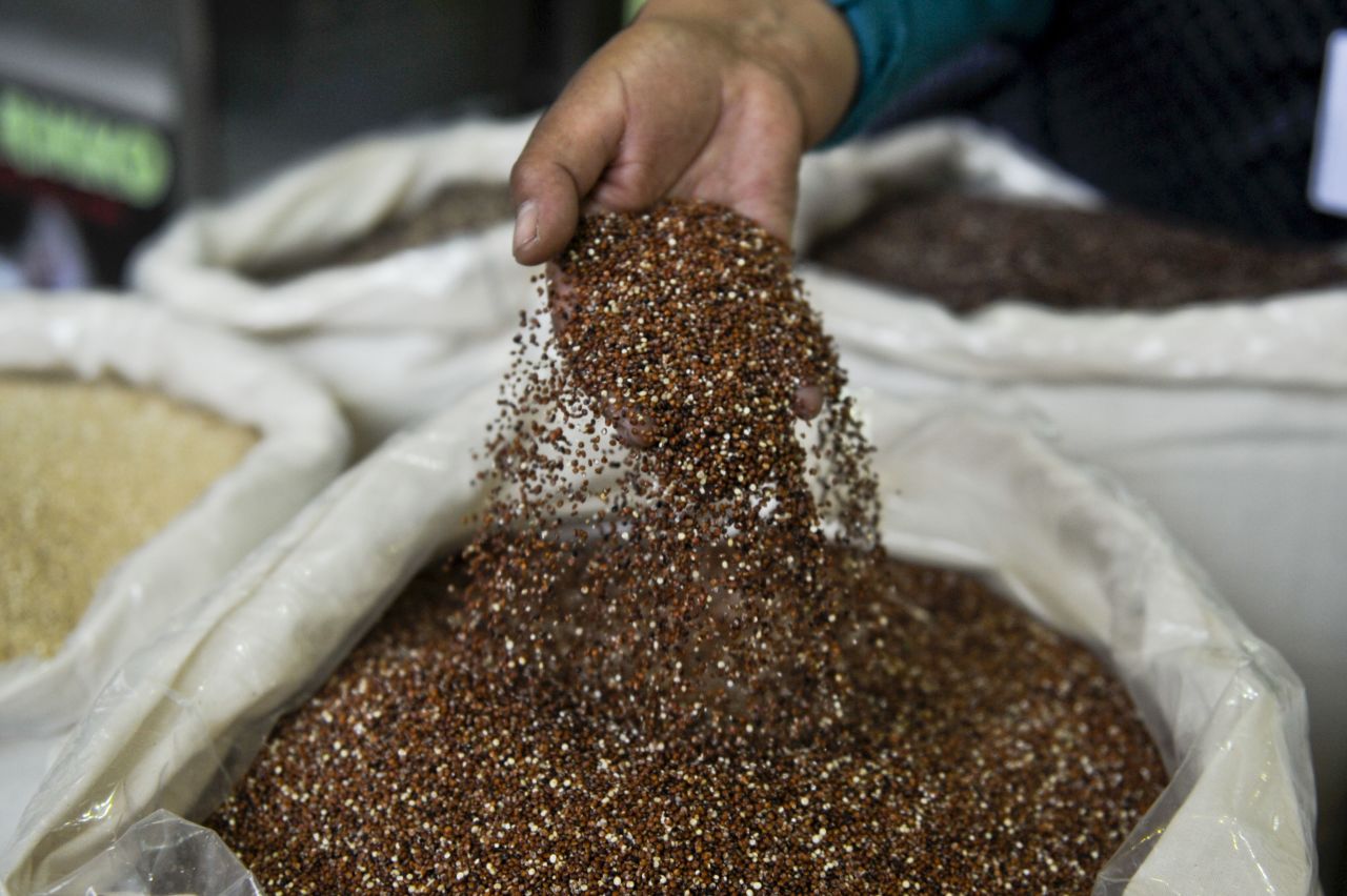 A vendor shows quinoa, a grain-like crop, during the Mistura food festival in the Peruvian capital of Lima.