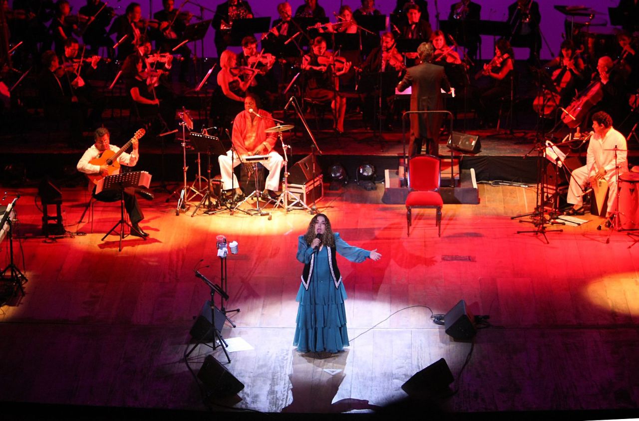Peruvian singer Tania Libertad performs during a concert at the Municipal Theatre of Lima in May 2012. She was celebrating the anniversary of her 50-year career.