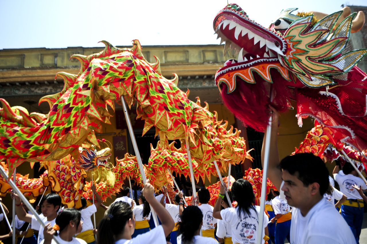 Members of the Chinese community in Peru celebrate the Chinese New Year in Lima's Chinatown on January 23, 2012.