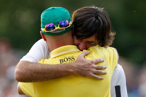 Bubba Watson, the 2012 U.S. Masters champion, embraced fellow Bible group member Ben Crane after winning at Augusta. Both men have been an integral part of the fellowship which meets weekly on Tour.