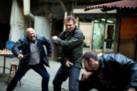If the star is surrounded by a group of bad guys, he or she will always take them down. Don't even worry about it. Here, Liam Neeson stars as Bryan Mills in "Taken 2," in which he demolishes a group of bad guys.