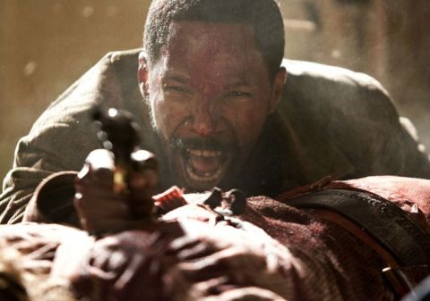 The bad guys can fire at the star multiple times with everything from a six-shooter to an automatic, but they won't get him. Said star will, however, take out a villain with one shot. Here, Jamie Foxx stars as Django in "Django Unchained."