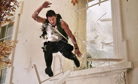 Don't try this one at home, folks. When the star jumps through a window, there may be a scratch here and there, but don't worry about them getting too cut up. Here, Channing Tatum as John Cale takes a leap in "White House Down."