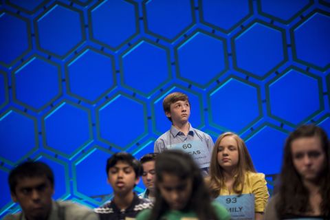 Lucas Michael Urbanski, from Illinois, waits to compete during the semifinals on Thursday, May 30. Urbanski spelled "parvanimity," the state of having a little or ignoble mind, in round five.  