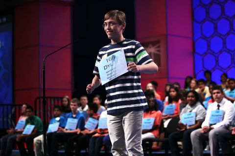  Dylan O'Connor of Alexandria Bay, New York, smiles after spelling "acervation," which means a heaping up, in round three on Wednesday, May 29.